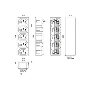 Connettore Alimentazione Femmina Tripolare Pannello Modulo 5 Prese