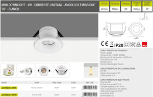 Faretti Led Incasso Cartongesso 4W Angolo 60° 320 Lumen 3000K Bianco