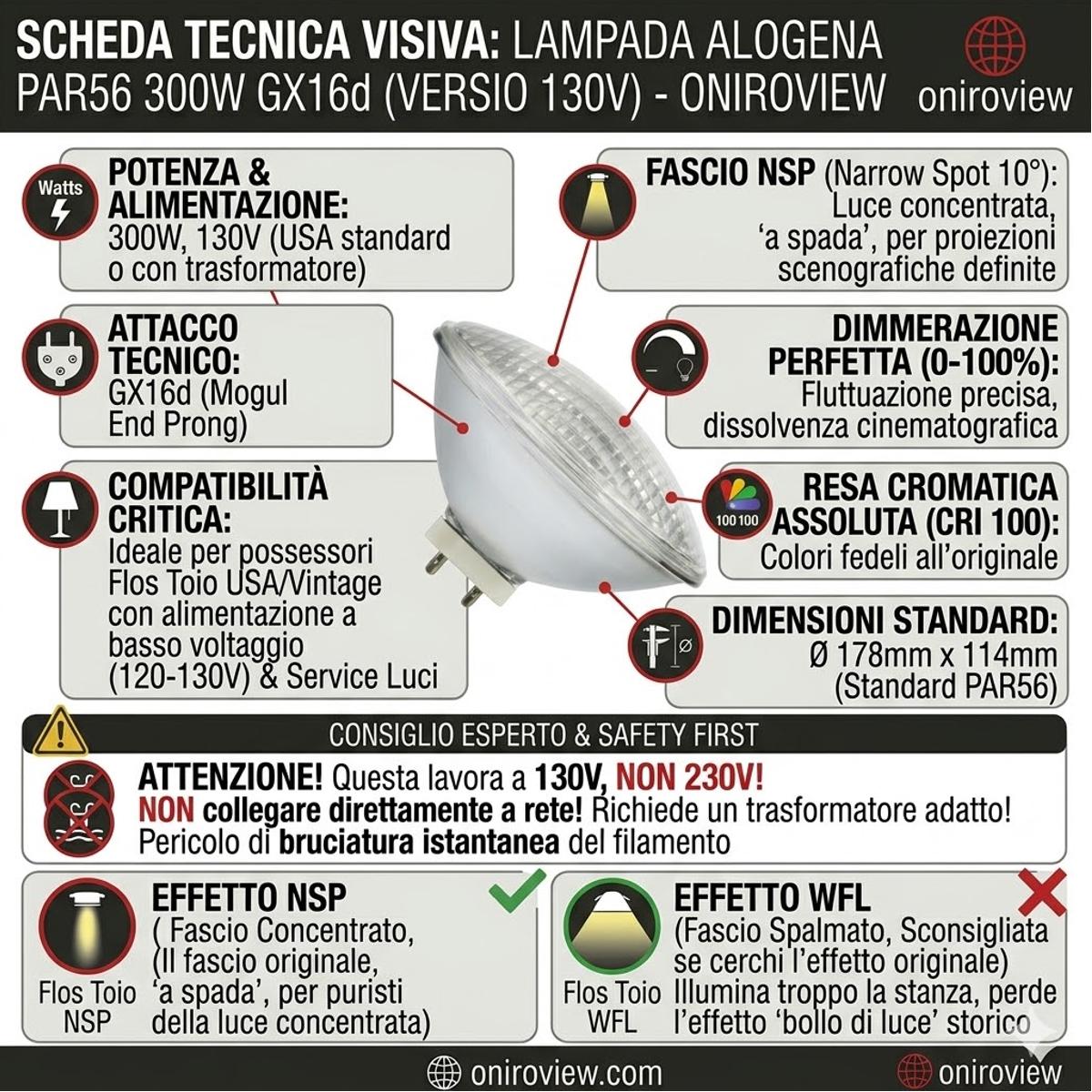 infografica Lampada Ricambio per Flos Toio PAR56 GX16d 300W 130V