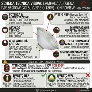 infografica Lampada Ricambio per Flos Toio PAR56 GX16d 300W 130V