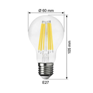 misure Lampada a filamento LED E27 trasparente 9W 1900 Lumen Classe A.