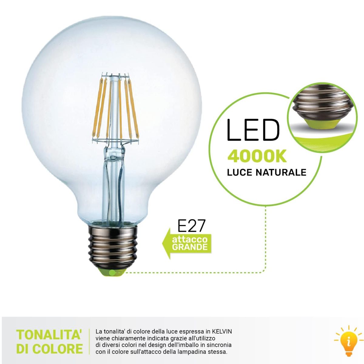 Lampade a Filamento Led Globo E27 12W Luce Naturale 125mm