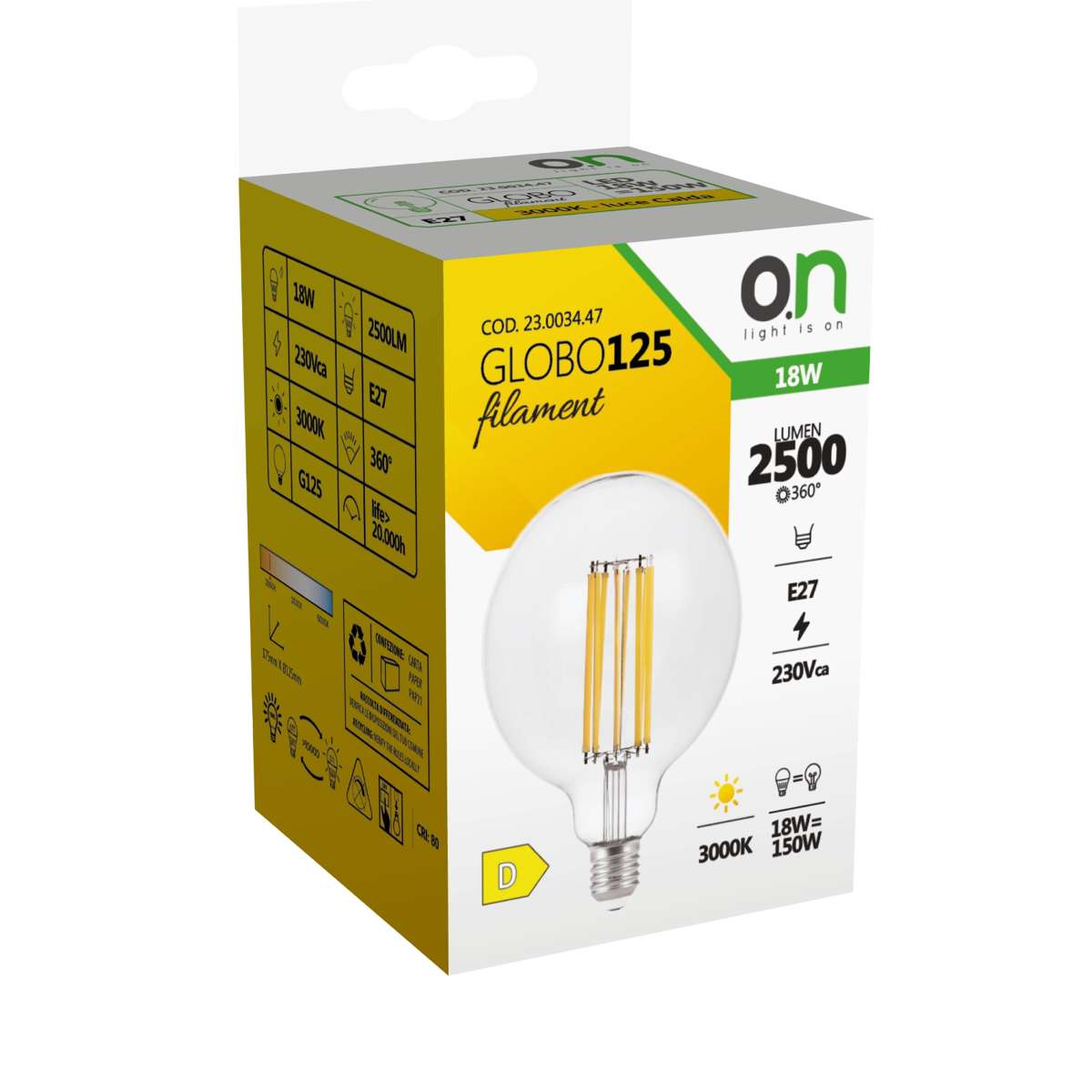 SCATOLA Dettaglio filamenti LED e attacco E27 lampada globo.