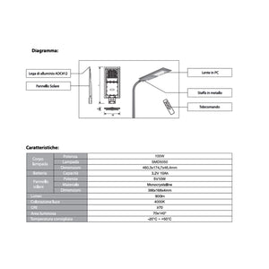 Lampione Stradale Solare Led 100W Sensore Crepuscolare e Movimento
