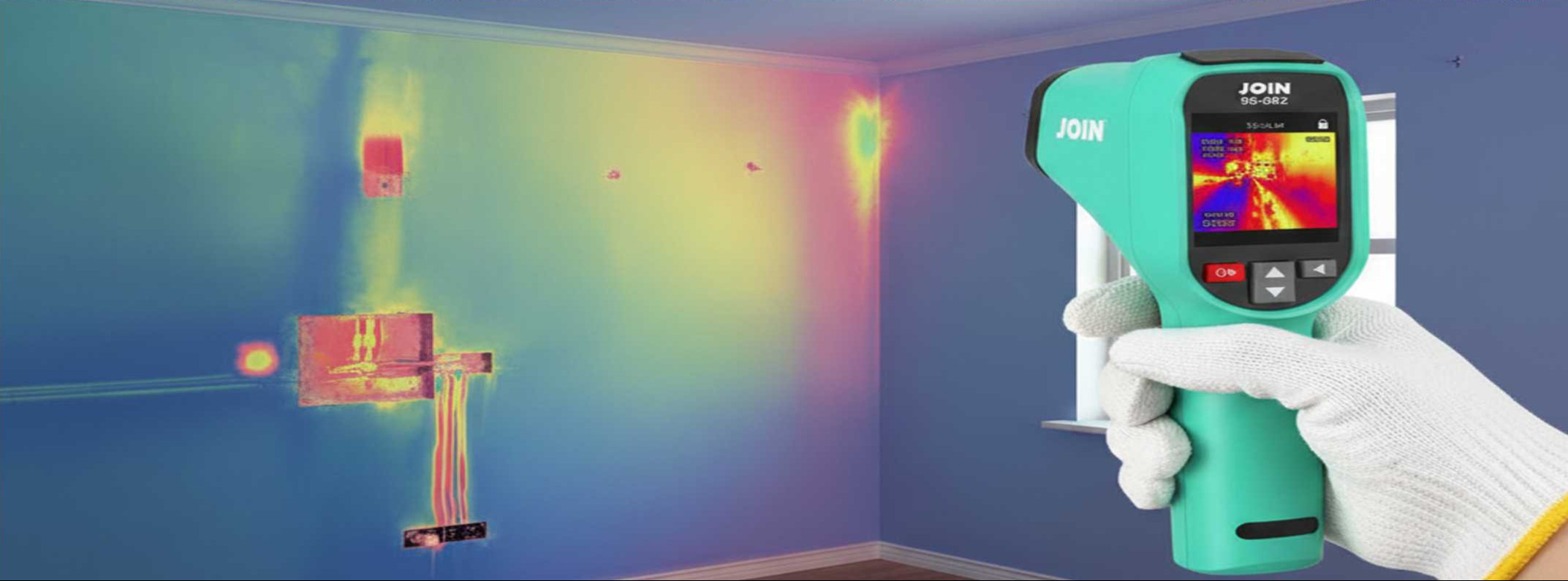 Termocamera JOIN 98-892 che rileva dispersioni termiche in un muro con tubazioni visibili attraverso una mappa di calore a colori