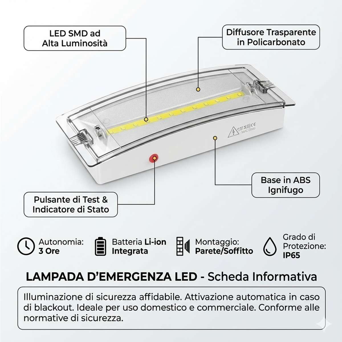 Infografica scheda tecnica lampada emergenza da parete LED con dettagli su LED SMD, batteria integrata, grado IP65, materiali e autonomia di 3 ore.