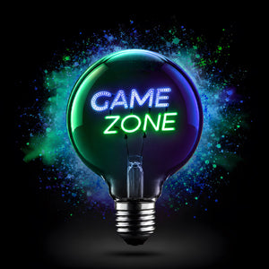 Lampadina decorativa LED G125 E27 POPON GAME ZONE accesa su sfondo nero