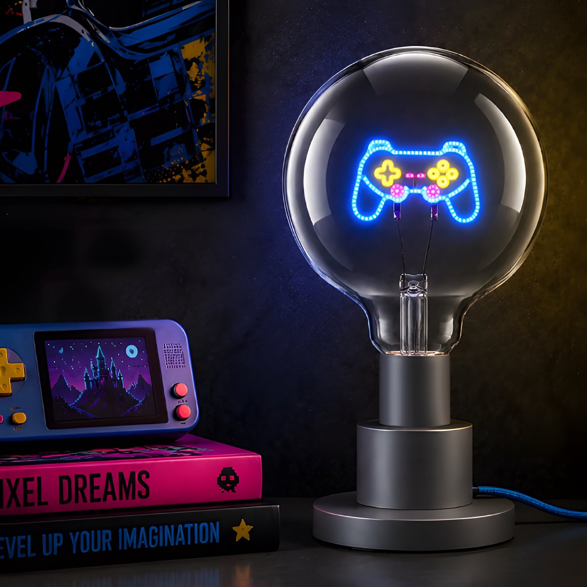 Lampadina decorativa LED G125 E27 POPON JOYPAD in ambiente su portalampada da tavolo