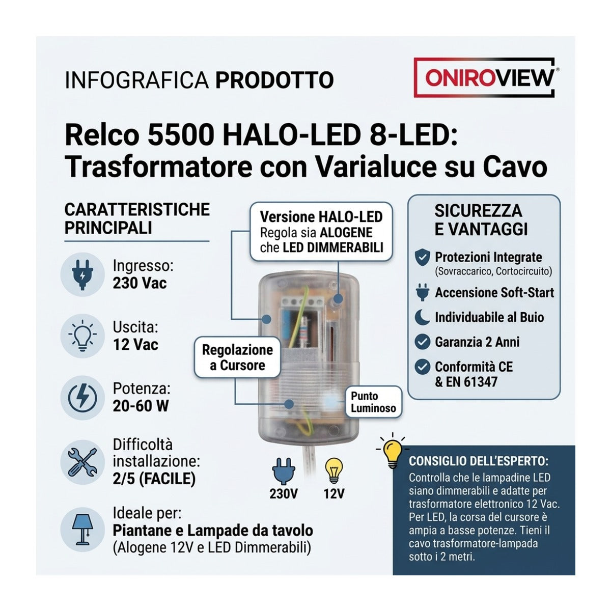 Varialuce Relco 5500 12V 20 - 60W per Alogene e LED Dimmerabili Trasparente