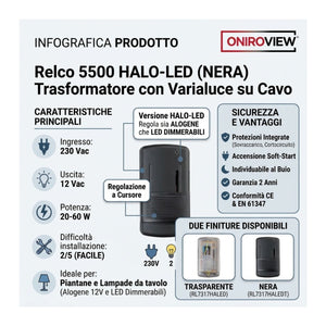 infografica Varialuce Relco 5500N 12V 20 - 60W per Alogene e LED Dimmerabili Nero