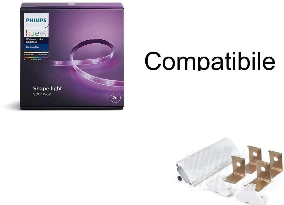 Profilo angolare 2mt per led compatibile per strip led philips hue in alluminio colore silver con cover trasparente made in italy