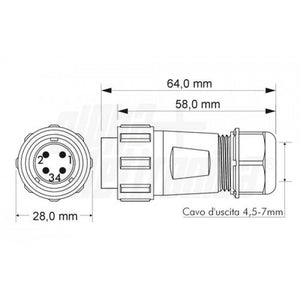 Spina Volante impermeabile quattro poli IP68 stagno 30A 500V SP21 volante Weipu