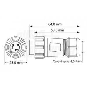 Spina Volante impermeabile tre poli IP68 stagno 30A 500V SP21 volante Weipu