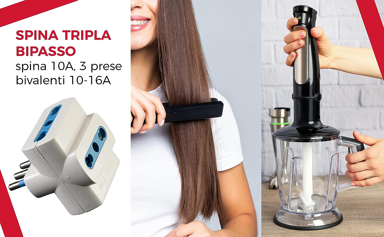 Spina Tripla 10A Adattatore Prese Bivalenti 10 16A Colore Bianco 1500W