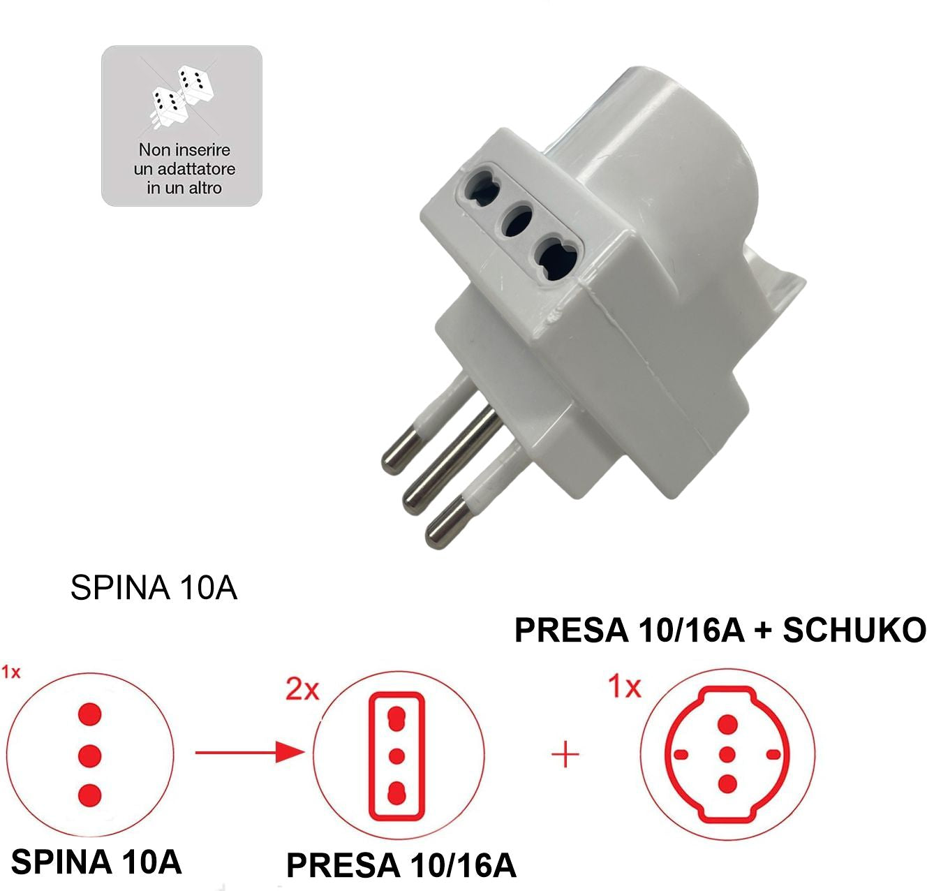 Adattatore Triplo Schuko Spina 10A Prese Bivalenti 10/16A + Presa Schuko