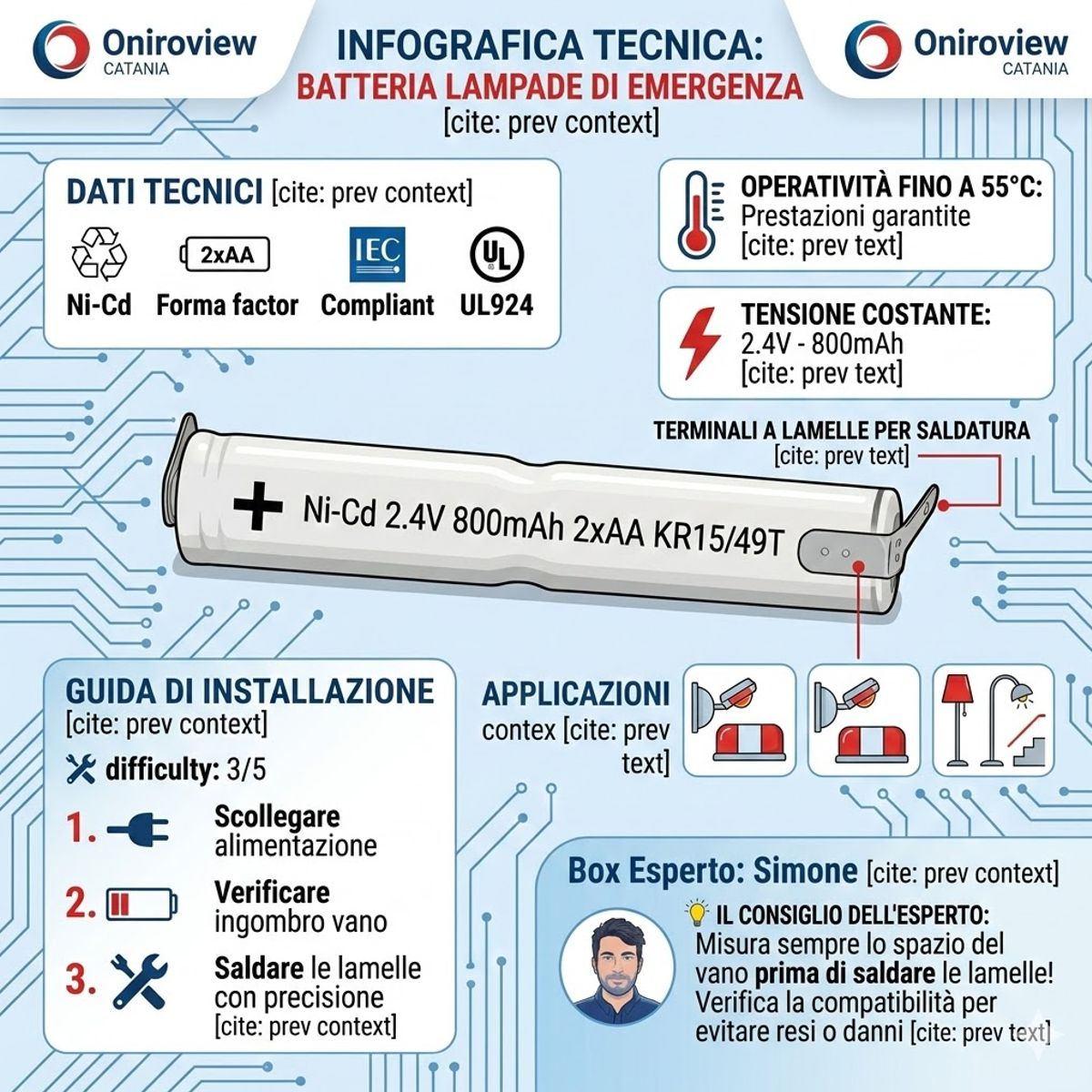 infografica generale Batteria Lampada Emergenza 2,4V 800mA 2AA NICD Saldare