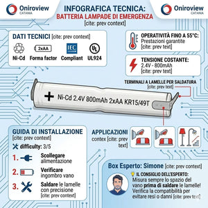 infografica generale Batteria Lampada Emergenza 2,4V 800mA 2AA NICD Saldare