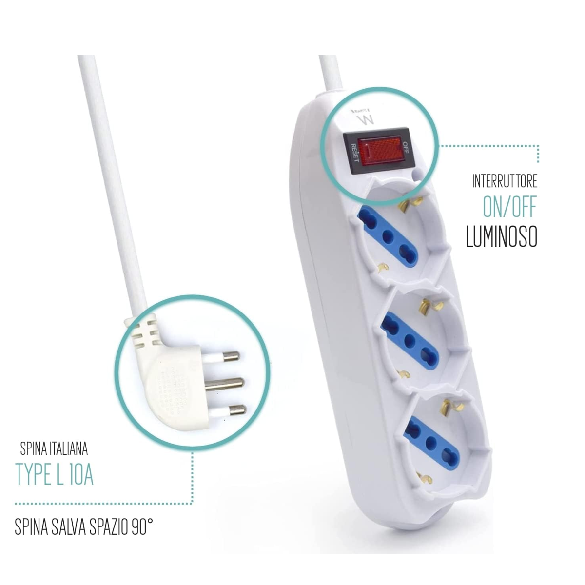 Ciabatta Con Interruttore 3 Posti Trivalenti Spina 16A Cavo 1.5mt