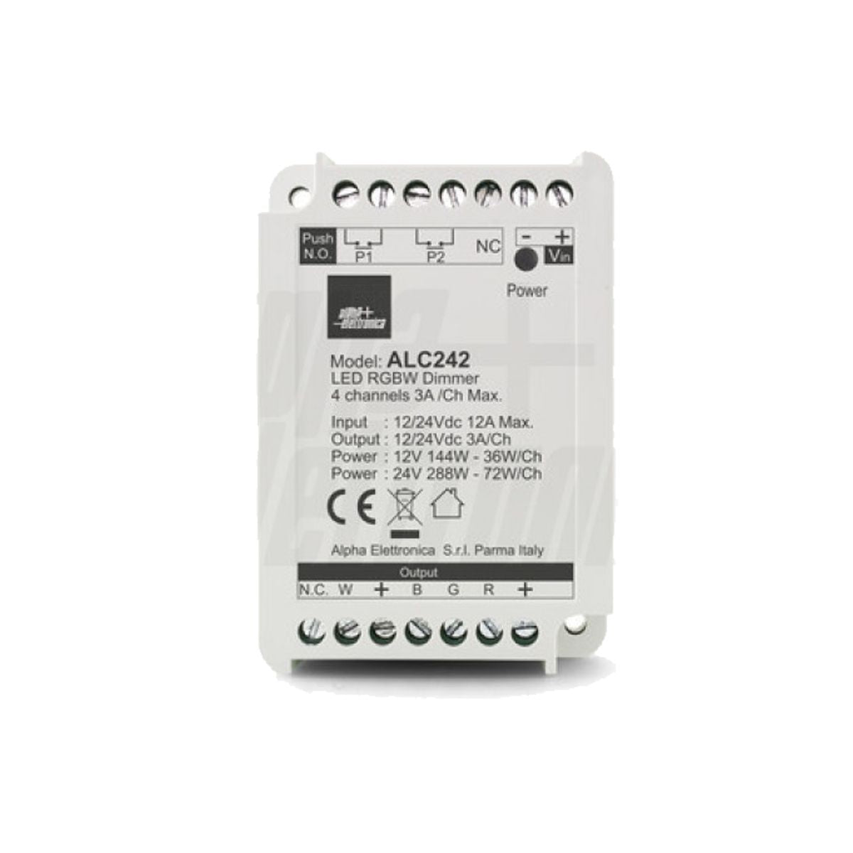 Controller Led RGBW 12/24V 12A max - 3A per canale - 4 canali - Comando con due pulsanti opto isolati