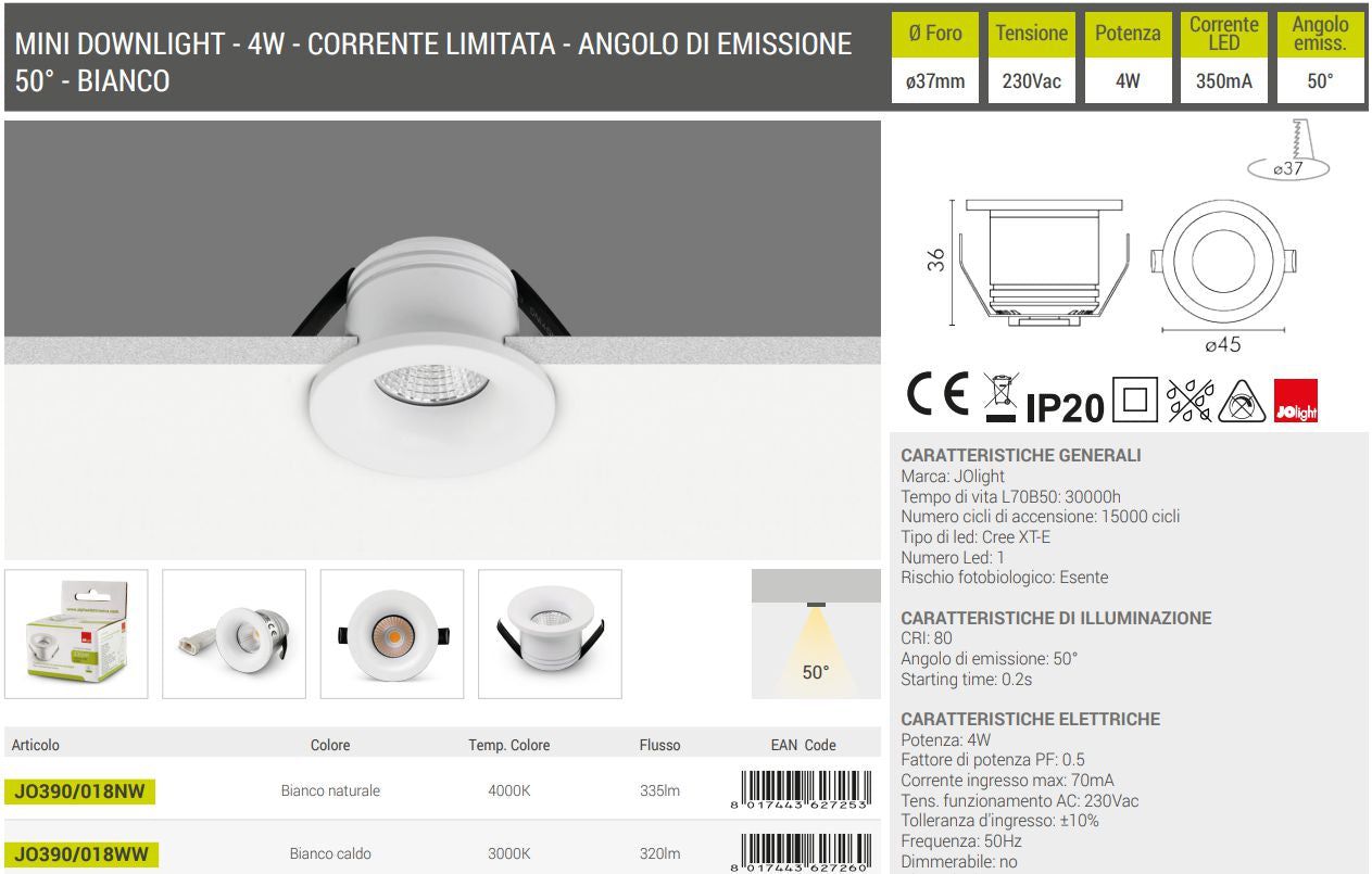 Faretto Led Incasso Cartongesso 4W Angolo 60° 320 Lumen 4000K Bianco