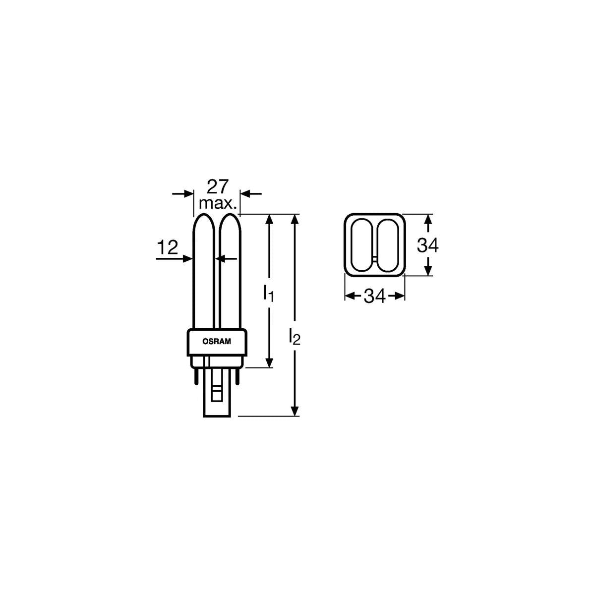 disegno tecnico con misure Lampada G24-D2 18W 2 Pin Fluorescente 2700K Osram
