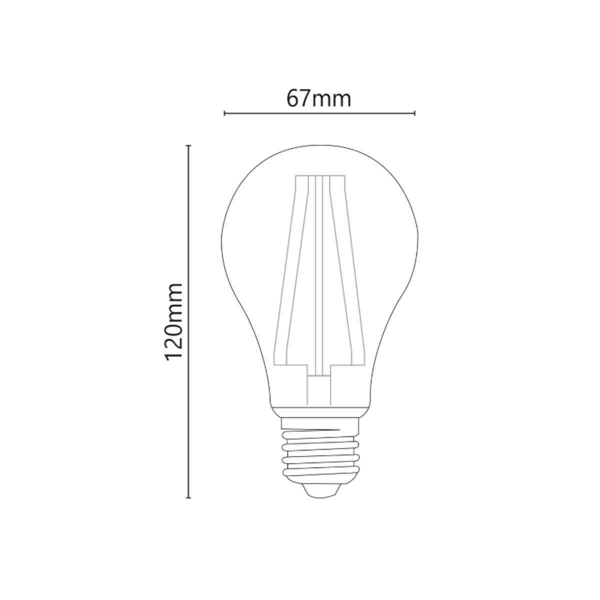 Dettaglio misure lampadina  filamenti LED ad alta efficienza per illuminazione a 320 gradi.