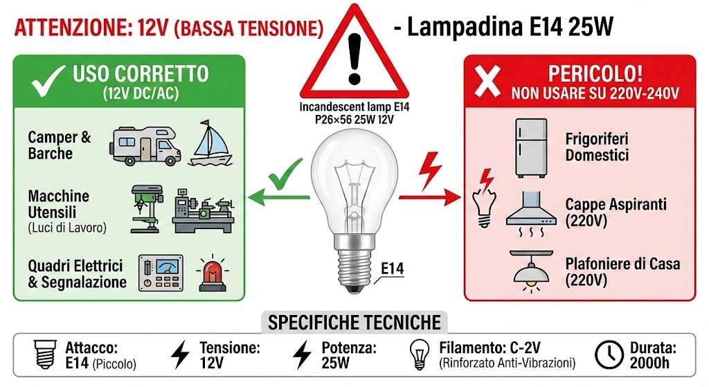 infografica Lampadina filamento rinforzato 12V attacco piccolo E14.