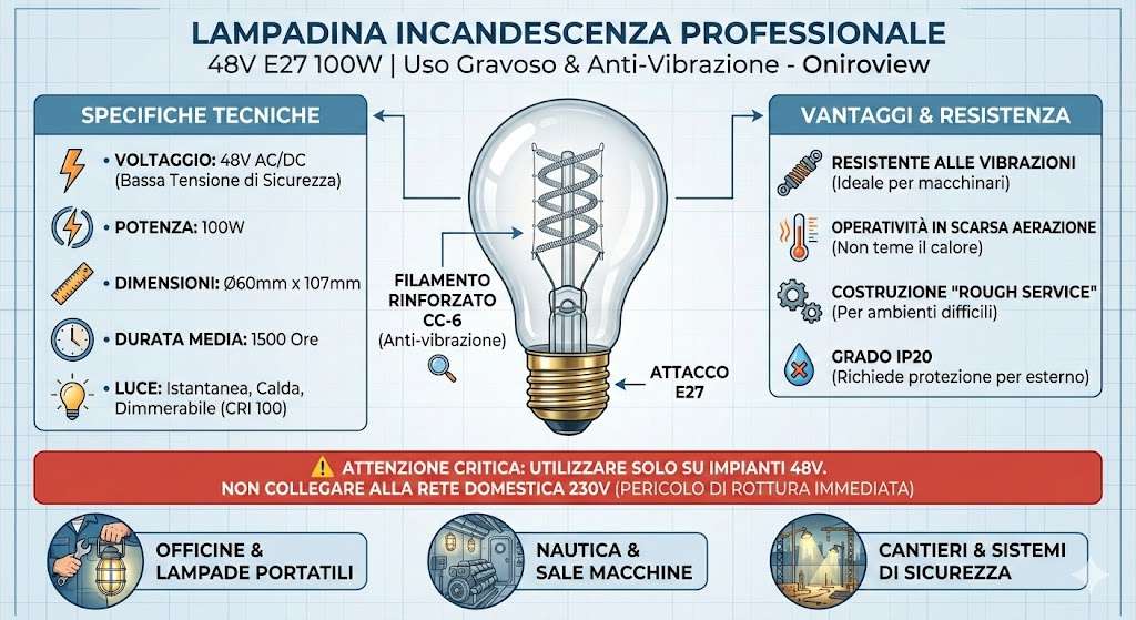Lampadina Incandescenza 48V E27 100W Uso Professionale