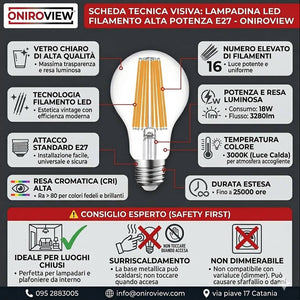 infografica Lampadina Led Filamento E27 18W 3280 Lumen 3000K