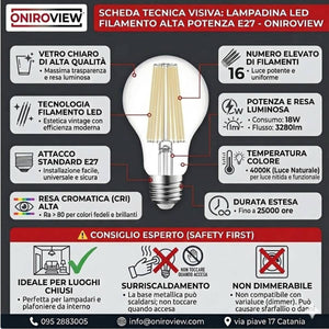 infografica Lampadina Led Filamento E27 18W 3280 Lumen 4000K