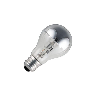 Lampadina alogena E27 70W con calotta superiore argentata a specchio per luce indiretta.