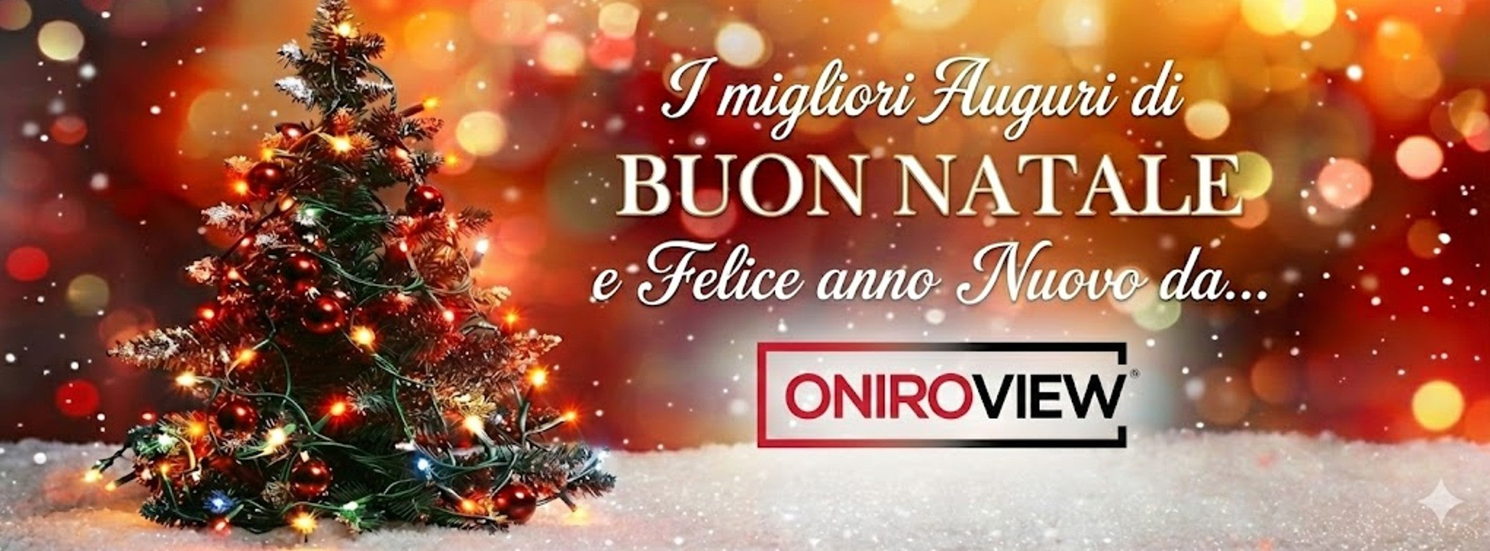 Banner auguri Buon Natale e Felice Anno Nuovo Oniroview con logo su sfondo rosso, pacchi regalo e decorazioni dorate