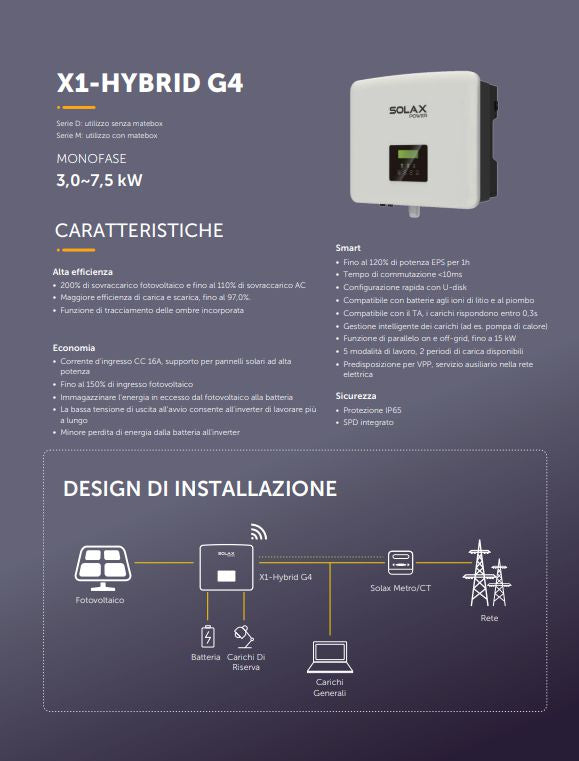 Interter Ibrido 3Kw Fotovoltaico Solax Monofase + Sezionatore