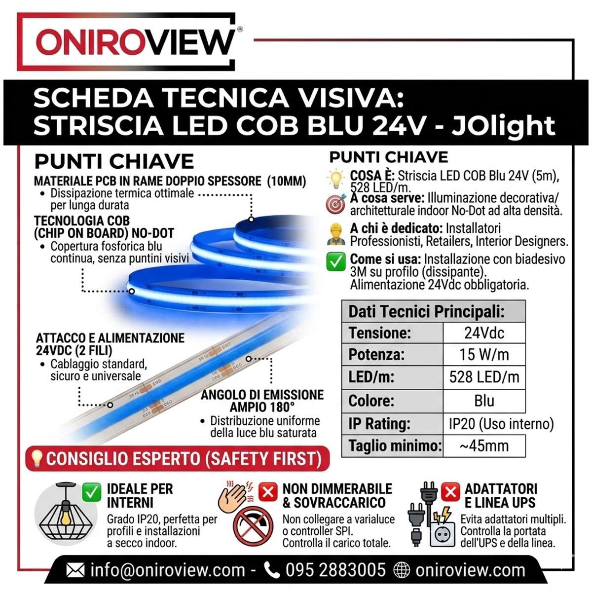infografica Striscia Led Blu 24V COB 15W/mt