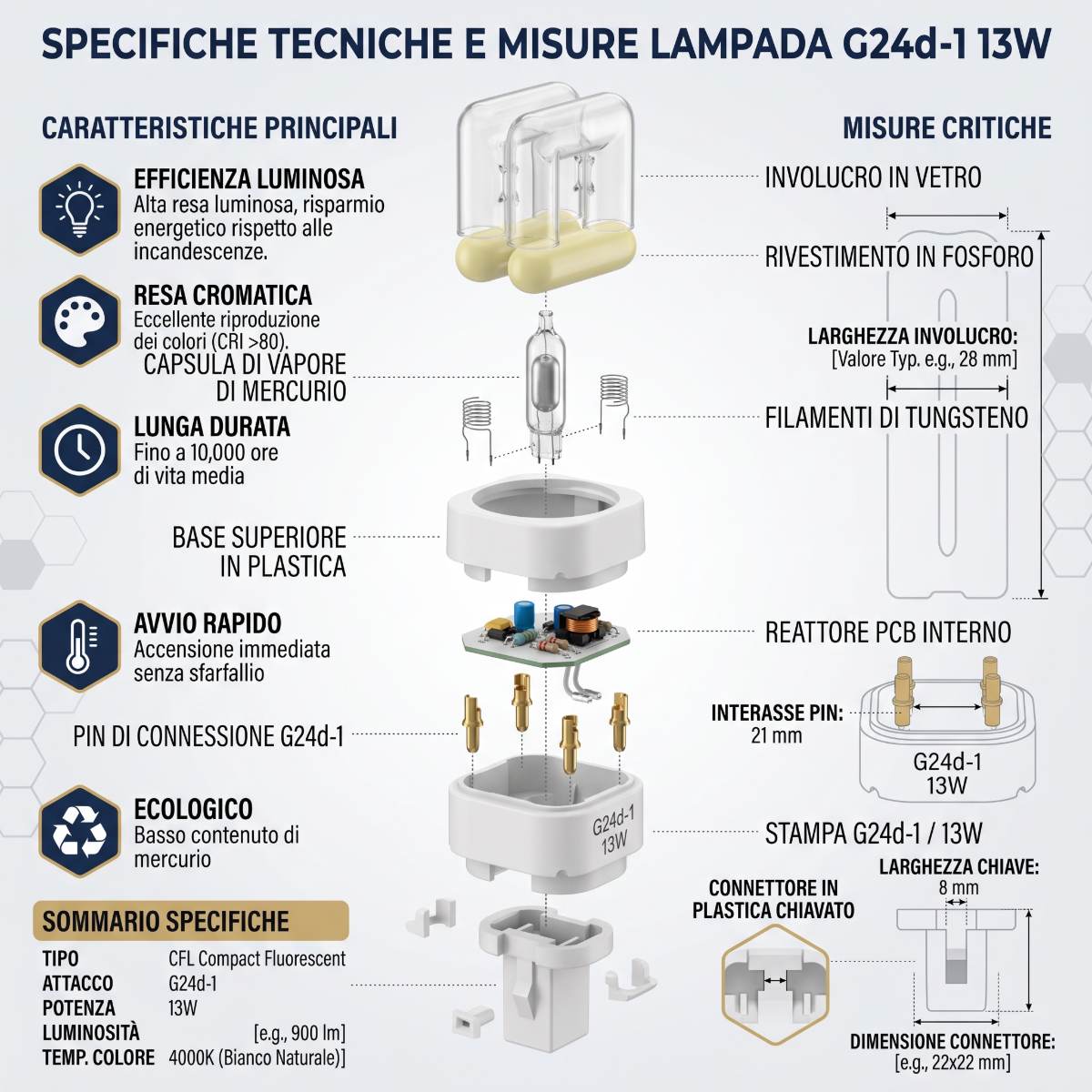 infografica Lampada G24-d1 13W 2 Pin Fluorescente Compatta 4000K