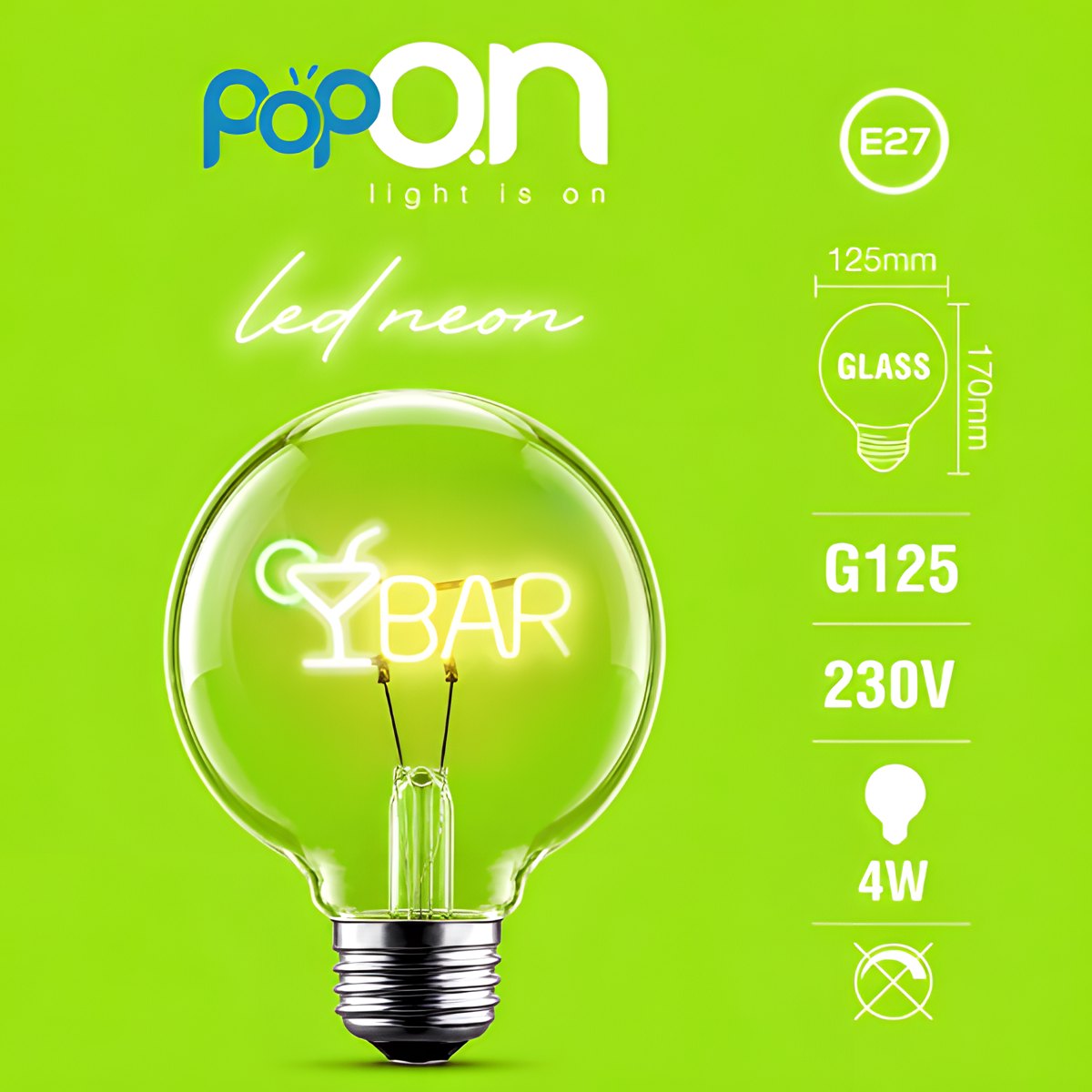 Lampadina decorativa LED G125 E27 POPON BAR scheda con dati E27 G125 230V 4W