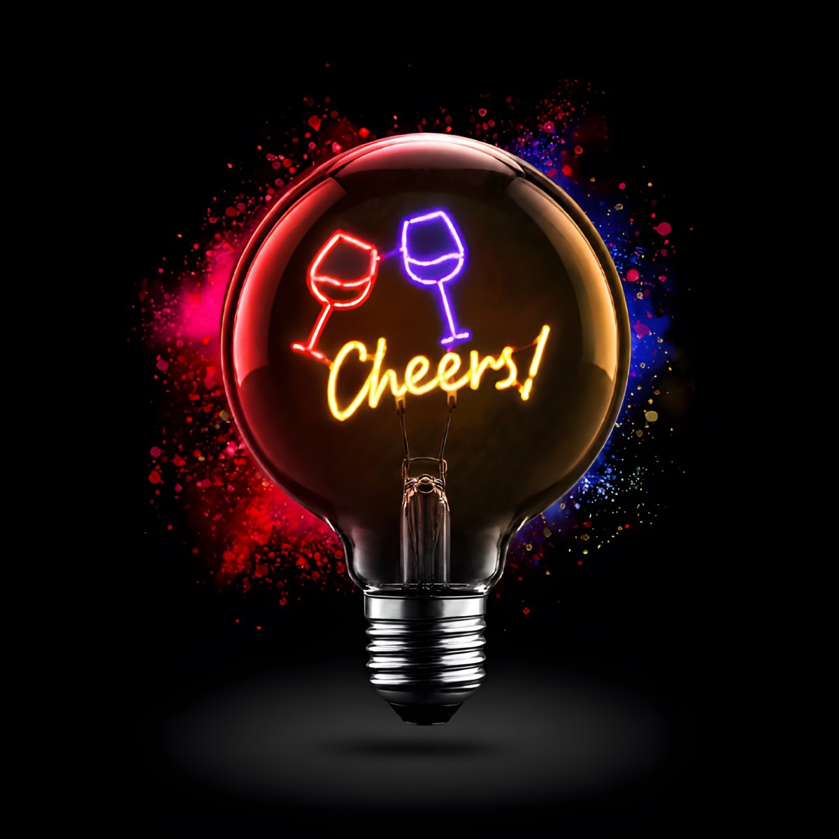 Lampadina decorativa LED G125 E27 POPON CHEERS accesa su sfondo nero