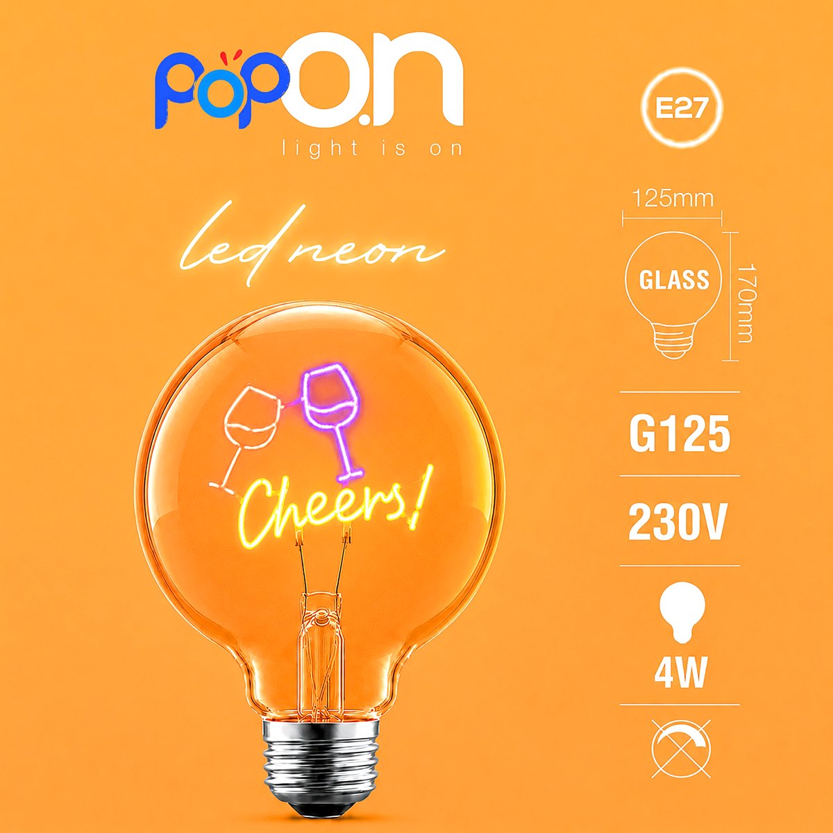 Lampadina decorativa LED G125 E27 POPON CHEERS scheda con dati E27 G125 230V 4W