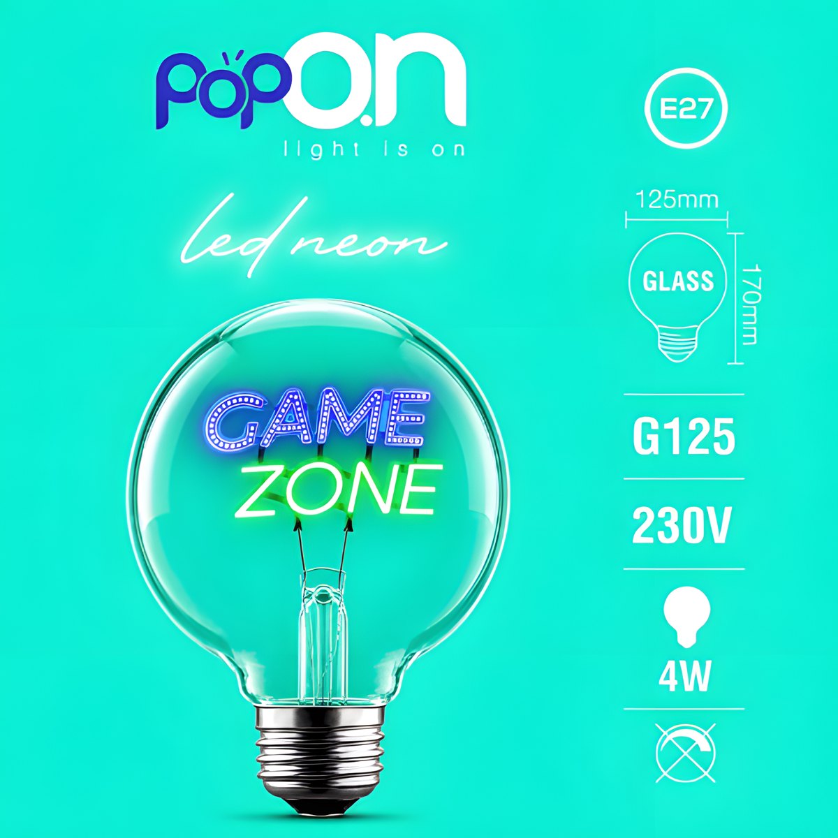 Lampadina decorativa LED G125 E27 POPON GAME ZONE scheda con dati E27 G125 230V 4W