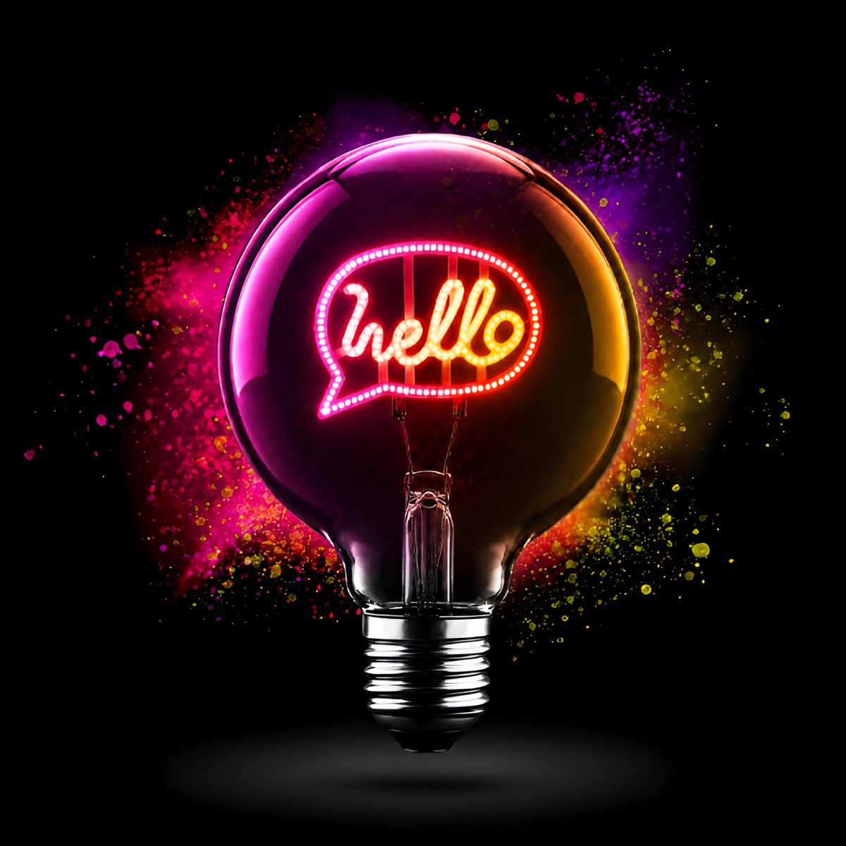 Lampadina decorativa LED G125 E27 POPON HELLO accesa su sfondo nero