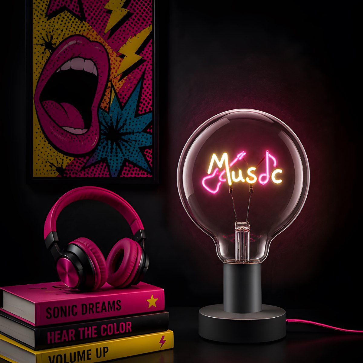 Lampadina decorativa LED G125 E27 POPON MUSIC in ambiente su portalampada da tavolo