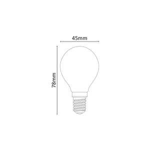 misure 78 x 45mm 
 Lampadina Sfera Satinata E14 4W 3000K LED Vetro Smerigliato