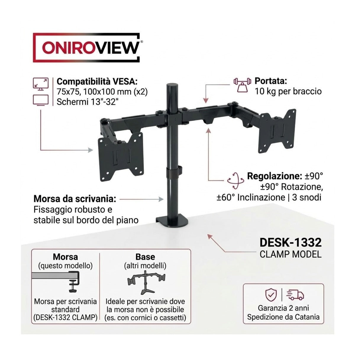 Supporto Doppio Monitor da Tavolo con Morsetto 13-32 Pollici VESA 100x100 10 Kg x2