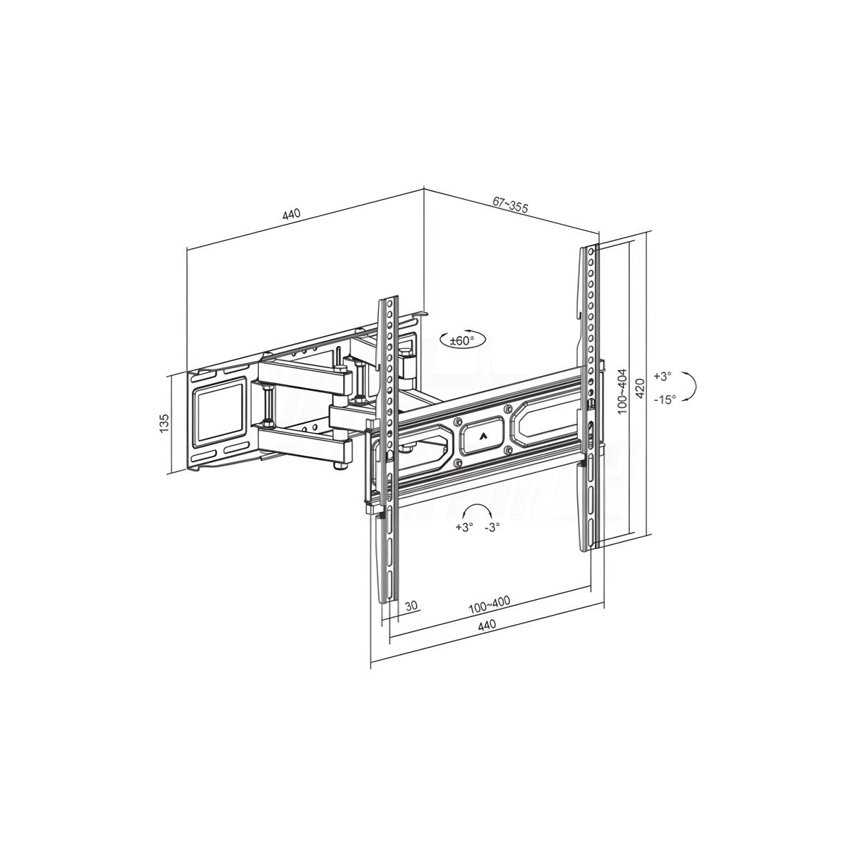 Supporto TV full motion - disegno tecnico con dimensioni