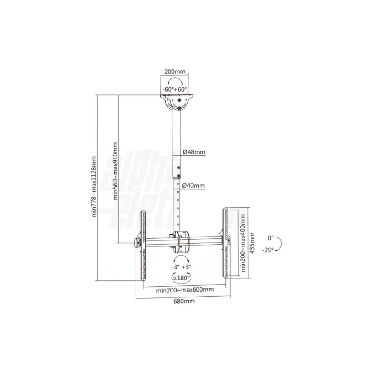 Supporto TV a soffitto - disegno tecnico con dimensioni
