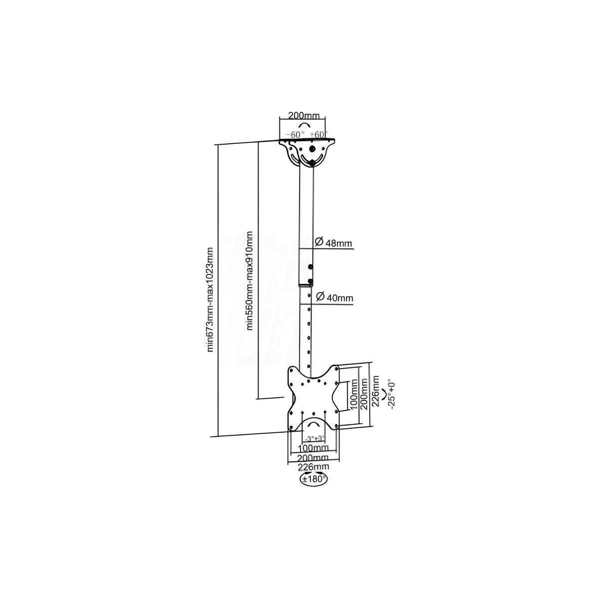 Supporto TV Soffitto Telescopico Orientabile 23-43 Pollici 50Kg