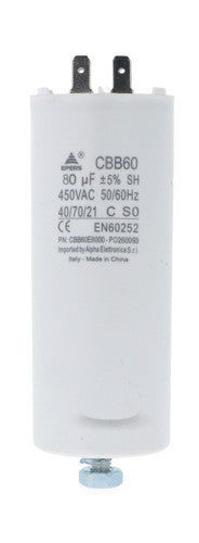 Condensatore CBB60 bianco 80 µF 450V con terminali faston 6,3 mm e vite M8 — Alpha Elettronica