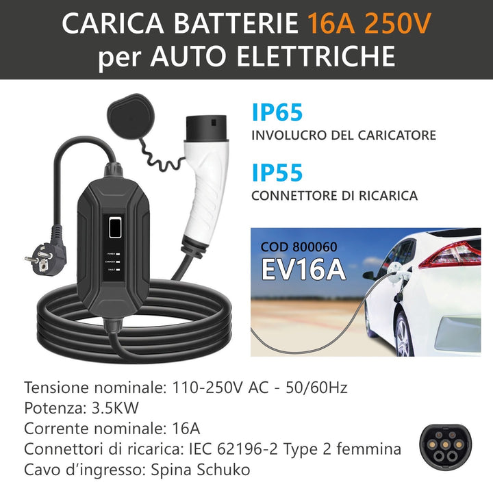 Carica Batteria Auto Elettrica 3.5KW 16A 250V Spina Schuko e Cavo Tipo 2 4,2 mt