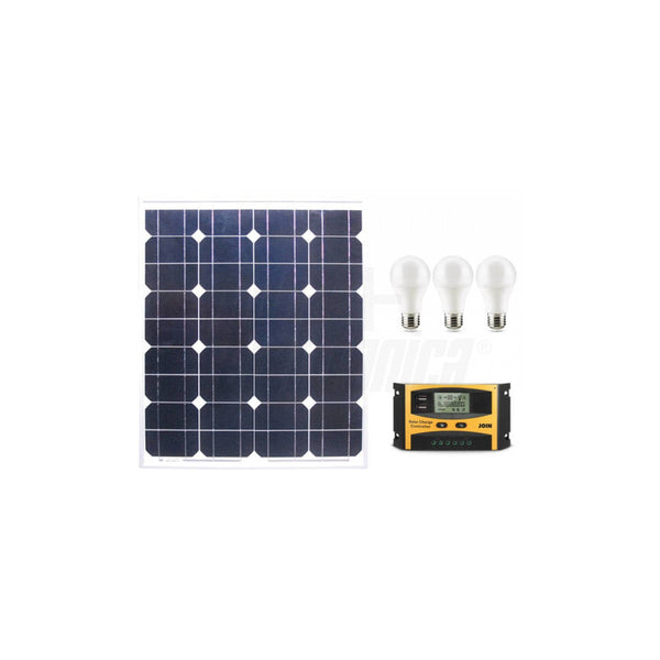 Impianto Fotovoltaico 50W - 12V - Kit con Regolatore di Carica e Lampade Led