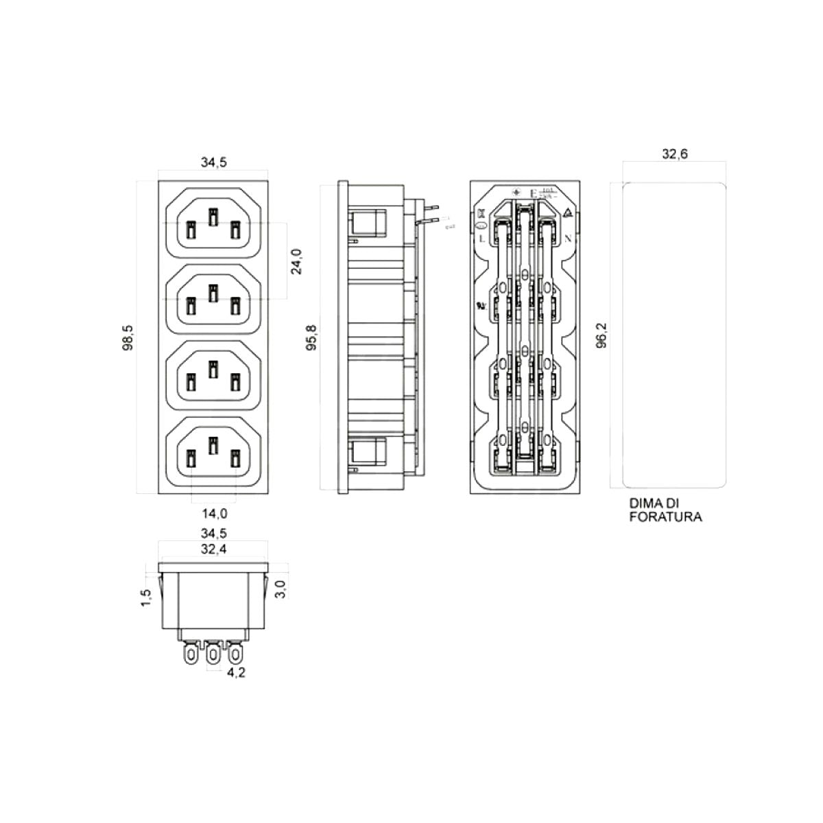 Presa Alimentazione PC da Pannello Tripolare Modulo 4 Prese